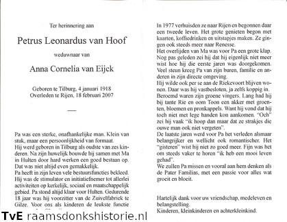 Petrus Leonardus van Hoof Anna Cornelia van Eijck
