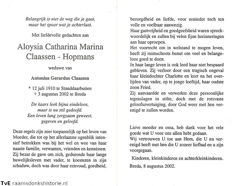 Aloysia Catharina Marina Hopmans Antonius Gerardus Claassen