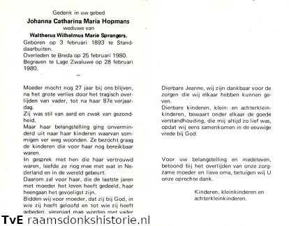 Johanna Catharina Maria Hopmans Waltherus Wilhelmus Marie Sprangers