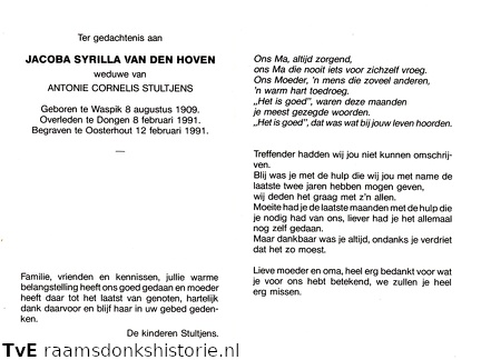 Jacoba Syrilla van den Hoven Antonie Cornelis Stultjens