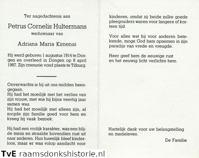 Petrus Cornelis Hultermans Adriana Maria Kimenai