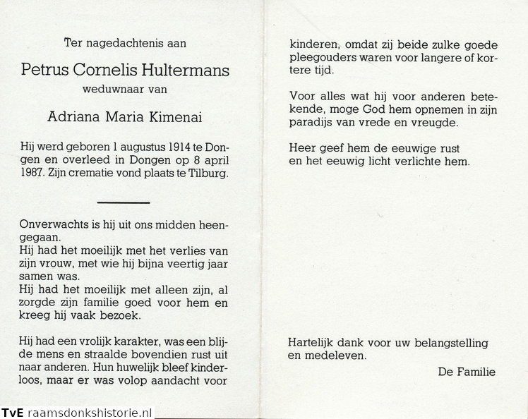 Petrus Cornelis Hultermans Adriana Maria Kimenai