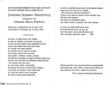 Janssen Steenberg, Joannes  Johanna Maria Rekkers