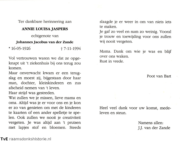 Annie Louisa Jaspers Johannes Jacobus van der Zande