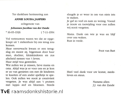 Annie Louisa Jaspers Johannes Jacobus van der Zande