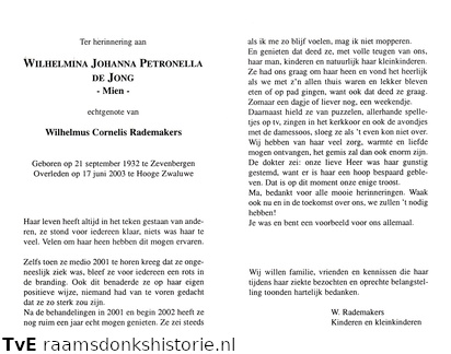 Wilhelmina Johanna Petronella de Jong Wilhelmus Cornelis Rademakers