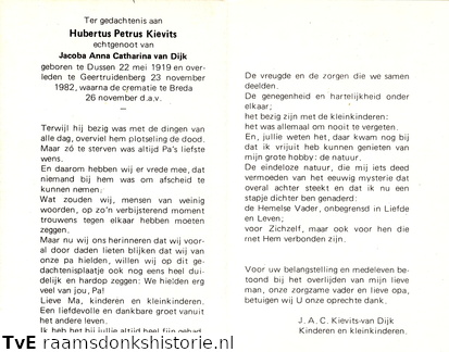 Hubertus Petrus Kievits- Jacoba Anna Catharina van Dijk
