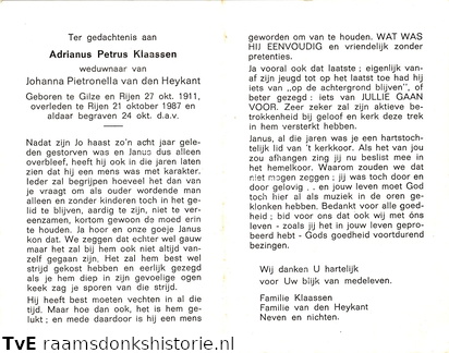 Adrianus Petrus Klaassen- Johanna Pietronella van den Heykant