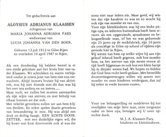 Aloysius Adrianus Klaassen- Maria Johanna Adriana Faes-Lucia Johanna van den Boer