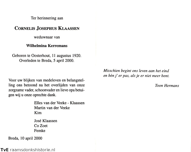 Cornelis Josephus Klaassen Wilhelmina Kerremans