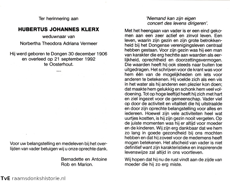 Hubertus Johannes Klerx- Norbertha Theodora Adriana Vermeer