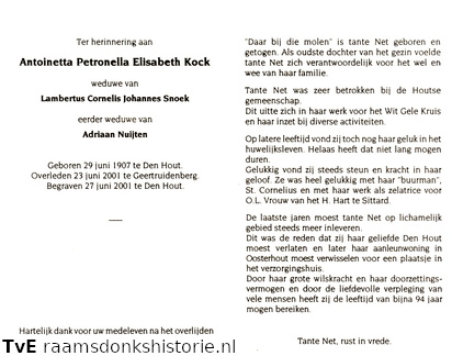 Antoinetta Petronella Elisabeth Kock- Lambertus Cornelis Johannes Snoek- Adriaan Nuijten
