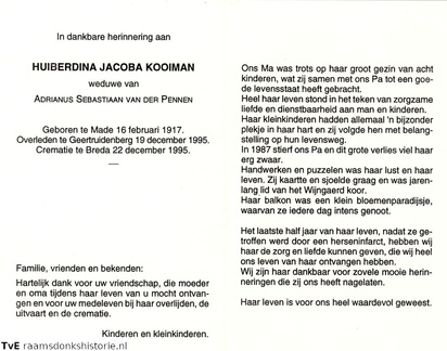 Huiberdina Jacoba Kooiman Adrianus Sebastiaan van der Pennen
