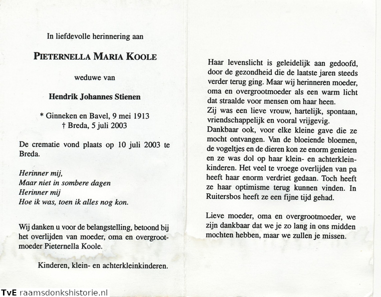 Pieternella Maria Koole- Hendrikus Johannes Stienen