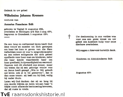 Wilhelmina Johanna Kremers- Antonius Franciscus Stift