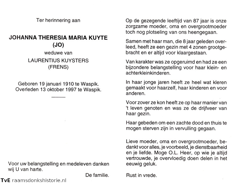 Johanna Theresia Maria Kuyte- Laurentius Kuysters