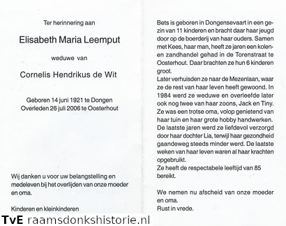 Elisabeth Maria Leemput Cornelis Hendrikus de Wit