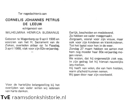 Cornelis Johannes Petrus de Leeuw Wilhelmina Henrica Blewanus