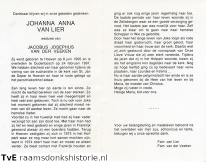 Johanna Anna van Lier Jacobus Josephus van der Veeken