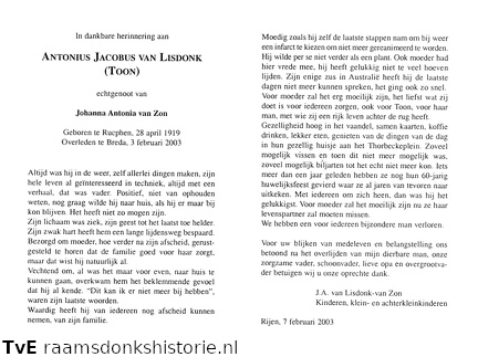 Antonius Jacobus van Lisdonk Johanna Antonia van Zon