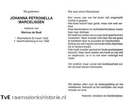 Johanna Petronella Marcelissen Marinus de Bodt