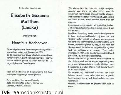 Elisabeth Suzanna Matthee  Henricus Verhoeven