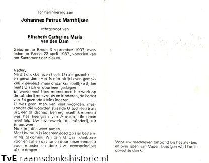 Johannes Petrus Matthijsen Elisabeth Catharina Maria van den Dam