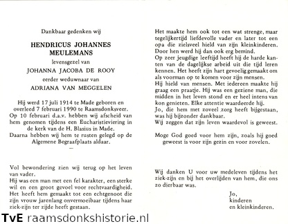 Hendricus Johannes Meulemans (vr) Johanna Jacoba de Rooy Adriana van Meggelen