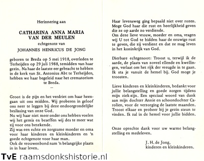 Catharina Anna Maria van der Meulen Johannes Henricus de Jong