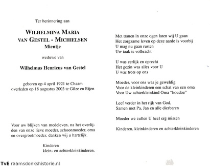 Wilhelmina Maria Michilesen Wilhelmus Henricus van Gestel