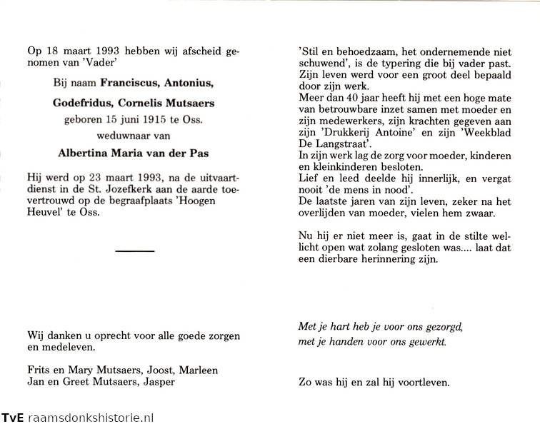Franciscus Antonius Godefridus Cornelis Mutsaers Albertina Maria van der Pas
