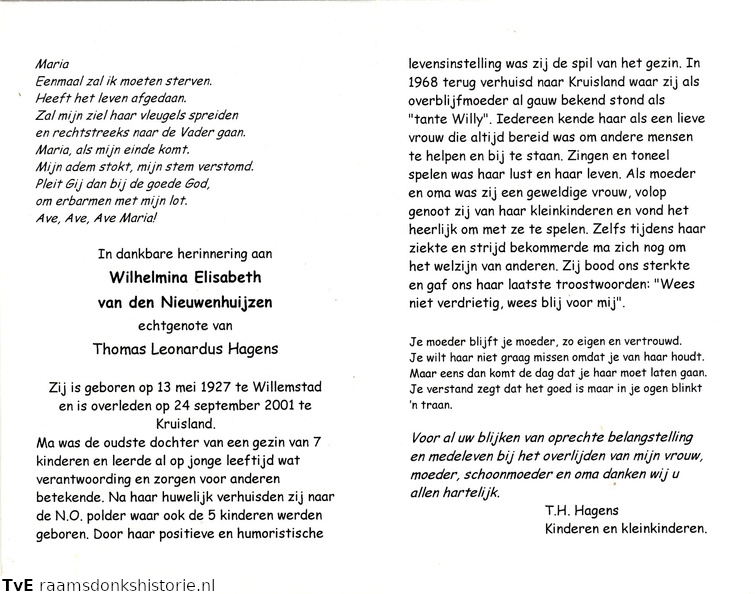 Wilhelmina Elisabeth van den Nieuwenhuijzen- Thomas Leonardus Hagens