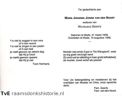 Maria Johanna Josina van den Noort- Wilhelmus Geerts
