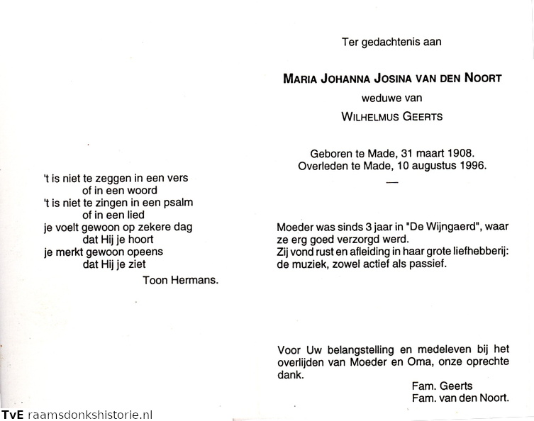 Maria Johanna Josina van den Noort Wilhelmus Geerts