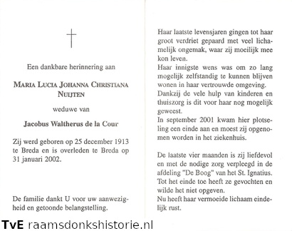 Maria Lucia Johanna Christiana Nuijten- Jacobus Waltherus de la Cour