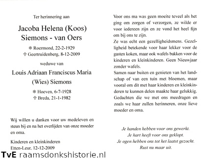 Jacoba Helena van Oers- Louis Adriaan Franciscus Maria Siemons