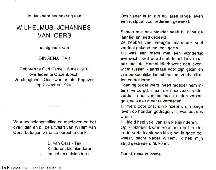 Wilhelmus Johannes van Oers- Dingena Tak