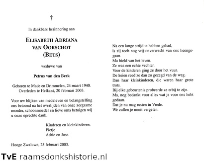 Elisabeth Adriana van Oorschot- Petrus van den Berk
