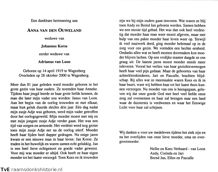 Anna van den Ouweland Johannes Korse Adrianus van Loon