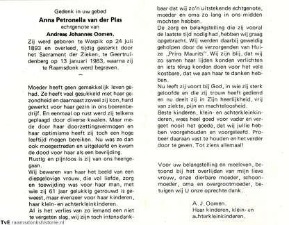 Anna Petronella van der Plas Andreas Johanna Oomen