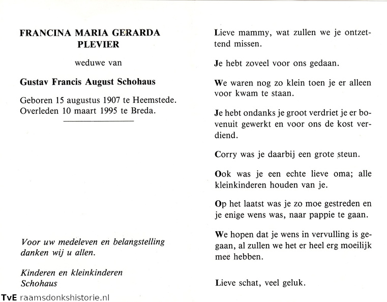 Francina Maria Gerarda Plevier Gustav Francis August Schohaus