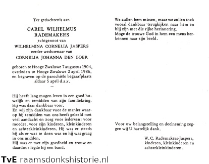 Carel Wilhelmus Rademakers Wilhelmina Cornelia Jaspers Cornelia Johanna den Boer