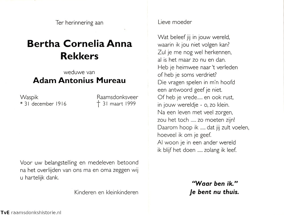 Bertha Cornelia Anna Rekkers Adam Antonius Mureau