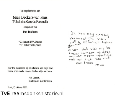 Wilhelmina Gerarda Petronella van Rens Piet Deckers