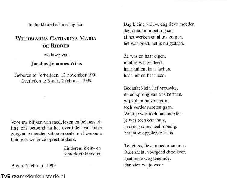 Wilhelmina Catharina Mariade Ridder Jacobus Johannes Wirix