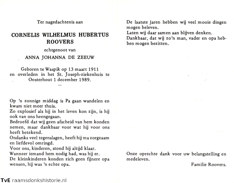 Cornelis Wilhelmus Hubertus Roovers Anna Johanna de Zeeuw