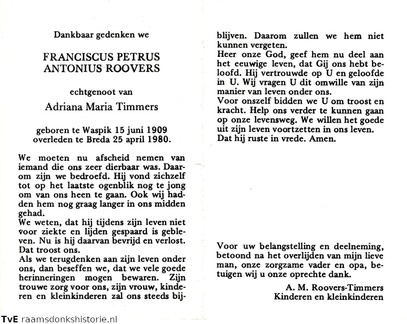 Franciscus Petrus Antonius Roovers Adriana Maria Timmers