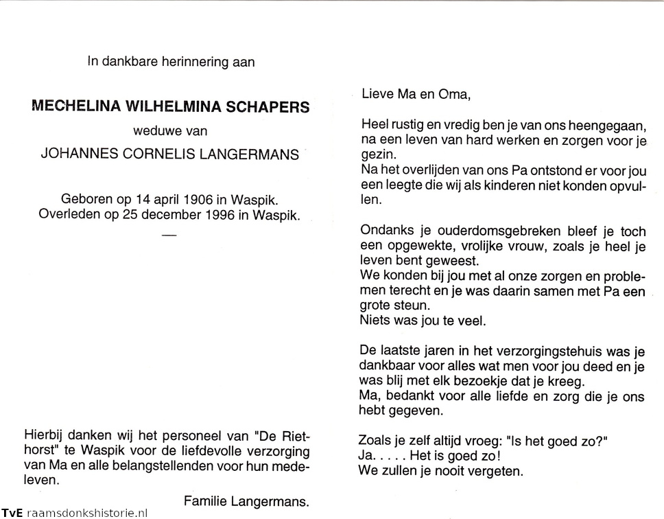 Mechelina Wilhelmina Schapers Johannes Cornelis Langermans