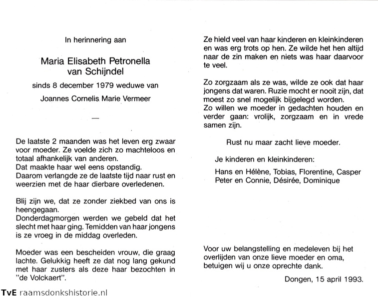 Maria Elisabeth Petronella van Schijndel Joannes Cornelis Maria Vermeer