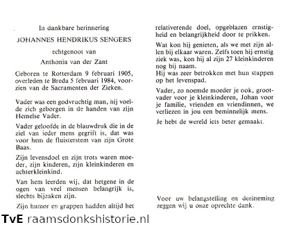 Johannes Hendrikus Sengers Anthonia van der Zant